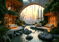 Wnętrze, Atrium, Kanapy, Okno, Woda