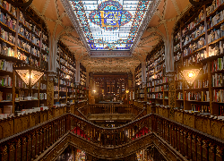 Portugalia, Porto, Księgarnia Lello, Wnętrze, Książki, Regały, Witraż, Lampy
