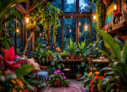 Wnętrze, Weranda, Kwiaty, Lampy, Grafika AI