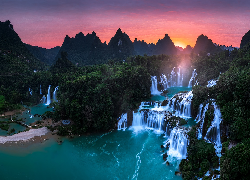 Wodospad, Ban Gioc Waterfall, Rzeka, Cao Bang, Góry, Zachód słońca, Wietnam