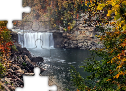 Stany Zjednoczone, Stan Kentucky, Park Narodowy Cumberland Falls, Wodospad Cumberland, Skały, Rzeka Cumberland, Drzewa, Kamienie