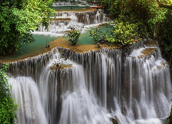 Wodospad, Erawan Falls, Kaskada, Park Narodowy Erawan, Drzewa, Prowincja Kanchanaburi, Tajlandia