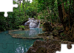 Kaskada, Wodospad Erawan, Drzewa, Las, Park Narodowy Erawan, Prowincja Kanchanaburi, Tajlandia