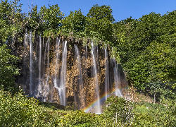 Park Narodowy Jezior Plitwickich, Drzewa, Skały, Wodospad Galovac, Tęcza, Chorwacja