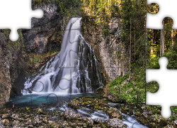 Wodospad Gollinger Waterfall, Rzeka, Kamienie, Skały, Las, Drzewa, Roślinność, Salzburg, Miejscowość Golling, Austria