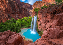 Wodospad, Havasu Falls, Skały, Drzewa, Park Narodowy Wielkiego Kanionu, Arizona, Stany Zjednoczone