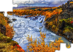 Jesień, Skały, Rzeka, Wodospad Hraunfossar, Roślinność, Region Vesturland, Islandia