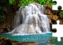 Wodospad, Huai Mae Khamin Waterfall, Rzeka, Ryby, Skały, Kanchanaburi, Tajlandia