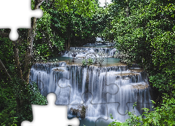 Wodospad, Huai Mae Khamin, Prowincja Kanchanaburi, Las, Drzewa, Zieleń, Tajlandia