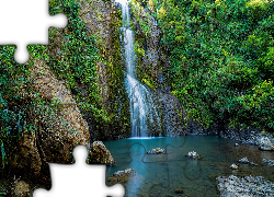 Nowa Zelandia, Wodospad, Kitekite Falls, Omszałe, Skały, Kamienie, Drzewa, Roślinność