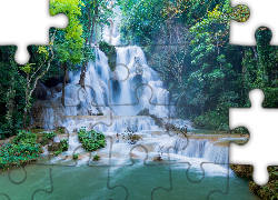 Wodospad, Kuang Si Falls, Drzewa, Skały, Drzewa, Prowincja Louangphrabang, Laos