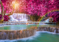 Laos, Prowincja Louangphrabang, Wodospad, Kuang Si Falls, Kaskady, Kolorowe, Drzewa, Tęcza