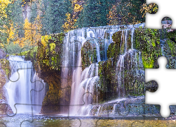 Wodospad, Lower Lewis River Falls, Skała, Rzeka, Drzewa, Jesień, Stan Waszyngton, Stany Zjednoczone