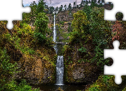 Wodospad, Multnomah Falls, Most, Skały, Rośliny, Drzewa, Hrabstwo Multnomah, Oregon, Stany Zjednoczone