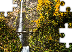 Wodospad, Multnomah Falls, Most, Drzewa, Las, Jesień, Stan Oregon, Stany Zjednoczone