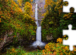 Wodospad Multnomah Falls, Jesień, Most, Skały, Drzewa, Roślinność, Hrabstwo Multnomah, Oregon, Stany Zjednoczone