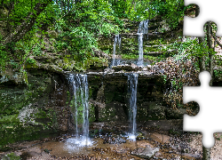 Stany Zjednoczone, Stan Minnesota, Park Triple Falls, Rzeka Blue Earth River, Wodospad, Skały, Las