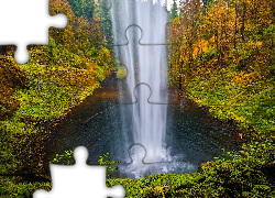 Wodospad South Falls, Las, Drzewa, Jesień, Park stanowy Silver Falls, Oregon, Stany Zjednoczone