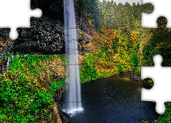 Wodospad South Falls, Las, Drzewa, Skały, Jezioro, Roślinność, Park stanowy Silver Falls, Stan Oregon, Stany Zjednoczone