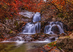 Skały, Wodospad, Drzewa, Jesień