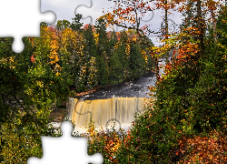 Wodospad, Tahquamenon Falls, Root Beer Falls, Las, Drzewa, Rzeka Tahquamenon, Jesień, Miejscowość Paradise, Stan Michigan, Stany Zjednoczone