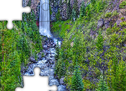 Wodospad, Tumalo Falls, Rzeka, Tumalo Creek, Skały, Drzewa, Las, Stan Oregon, Stany Zjednoczone