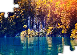 Chorwacja, Park Narodowy Jezior Plitwickich, Jezioro, Wodospad, Drzewa, Jesień