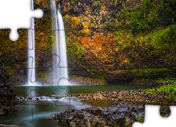 Wodospad Wailua Falls, Skała, Roślinność, Rzeka, Kauai, Hawaje
