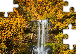 Stany Zjednoczone, Oregon, Park Stanowy Silver Falls, Drzewa, Jesień, Roślinność, Wodospad