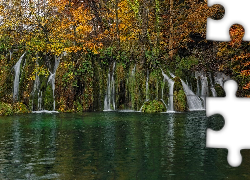 Wodospad, Jezioro, Park Narodowy Jezior Plitwickich, Drzewa, Jesień, Rośliny, Chorwacja