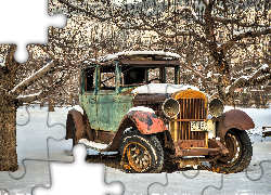 Wrak, Stary, Samochód, Zima, Drzewa, Śnieg