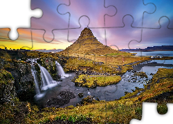 Islandia, Półwysep Snaefellsnes, Góra Kirkjufell, Wodospad Kirkjufellsfoss, Rzeka, Wchód słońca