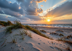 Wydmy, Plaża, Morze, Zachód słońca, Grafika AI