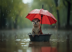 Wydra, Parasol, Deszcz, Rzeka, Miska