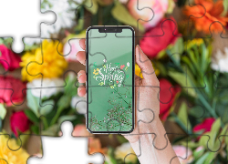 Napis, Hello Spring, Telefon, Dłoń, Kwiaty, Rozmyte, Tło