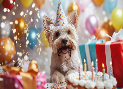 Pies, Yorkshire terrier, Czapeczka, Balony, Tort, Świeczki, Prezenty, Urodziny