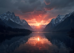 Góry, Jezioro, Zachmurzone, Niebo, Zachód słońca