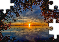 Jezioro, Drzewa, Zachód słońca, Grafika