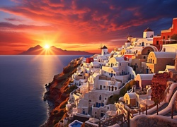 Grecja, Santorini, Domy, Morze, Zachód słońca