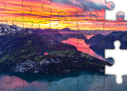 Jezioro Czterech Kantonów, Góry, Alpy Szwajcarskie, Zachód słońca, Szwajcaria