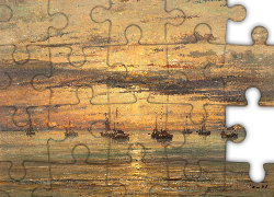 Malarstwo, Obraz, Hendrik Willem Mesdag, Żąglówki, Morze, Zachód słońca