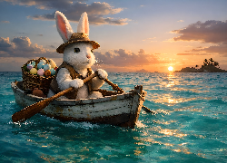 Zając, Czapka, Łódka, Koszyk, Pisanki, Morze, Wielkanoc