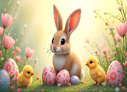 Wielkanoc, Zajączek, Kurczaki, Pisanki, Grafika