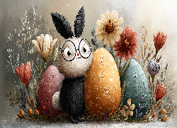 Wielkanoc, Zajączek, Pisanki, Kwiaty, Grafika AI