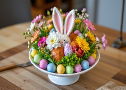 Wielkanoc, Zajączek, Chleb, Kwiaty, Miska, Stół