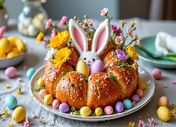 Talerz, Chleb, Pisanki, Zajączek, Kwiaty, Wielkanoc, Grafika AI