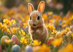 Zajączek, Pisanki, Kwiaty, Łąka, Wielkanoc, Grafika AI