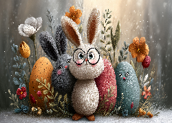 Zajączki, Jajka, Kwiaty, Grafika AI, Wielkanoc