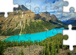 Park Narodowy Banff, Jezioro, Peyto Lake, Skały, Góry, Las, Drzewa, Chmury, Prowincja Alberta, Kanada