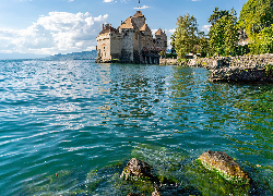 Szwajcaria, Kanton Vaud, Jezioro Genewskie, Zamek Chillon, Mur, Kamienie, Drzewa